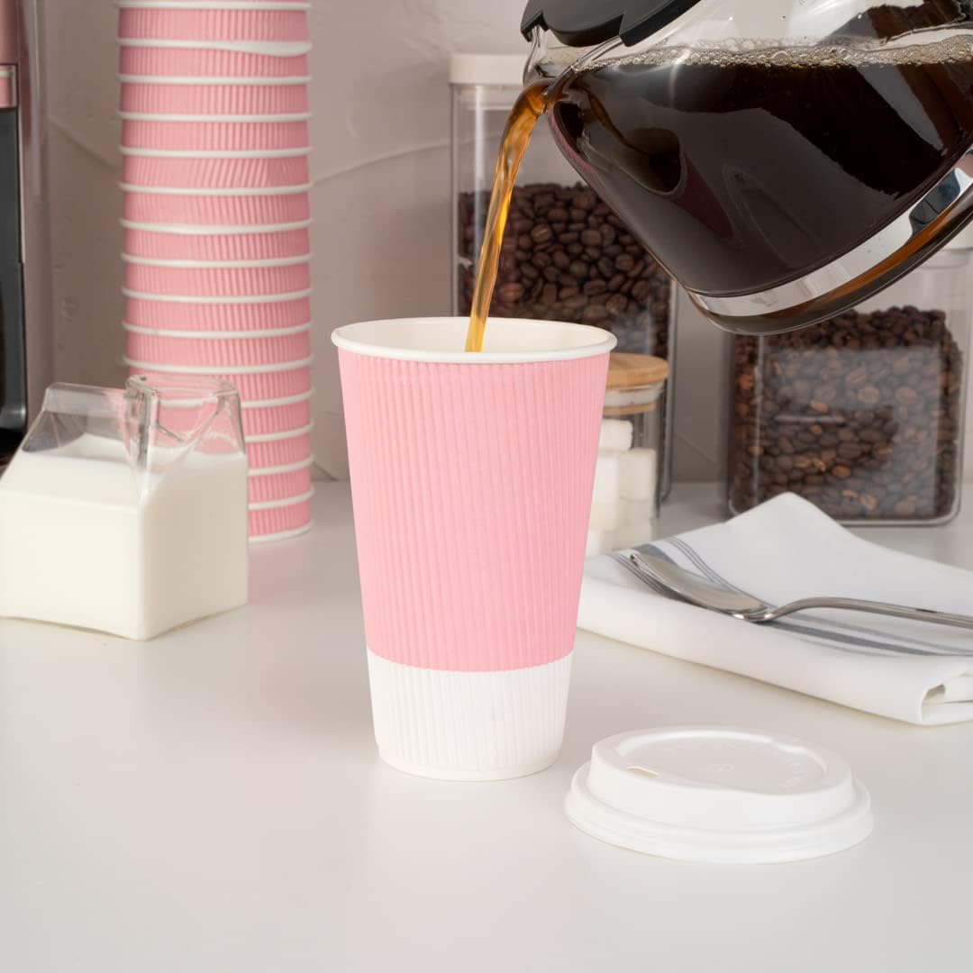 Restaurantware 16 Ounce Ripple Wall Disposable Coffee Cups, 500 Insulated Light Pink Paper Tumblerss for Hot Drinks like Tea and More, Rolled Rim Design, Lids Sold Separately