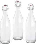 Le Parfait Pitchers | 32oz (Pack of 3) 1 Liter Glass Swing Top Milk Pitcher with Printed Logo & Airtight Swing Stopper | Glass Pitcher for Drinks, Smoothie, Preserving Juices & Salad Dressing