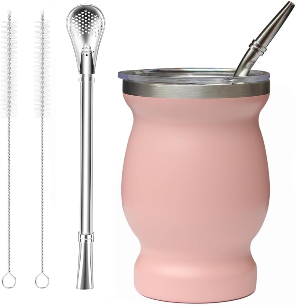 Beruth Bombilla Yerba Mate Gourd, 8oz Stainless Steel Tea Cup Set with a Multifunctional Lid, Two Straws and Cleaning Brushes, Double Walled Coffee Mug Heat Insulation Anti Scalding （Peachy Pink）