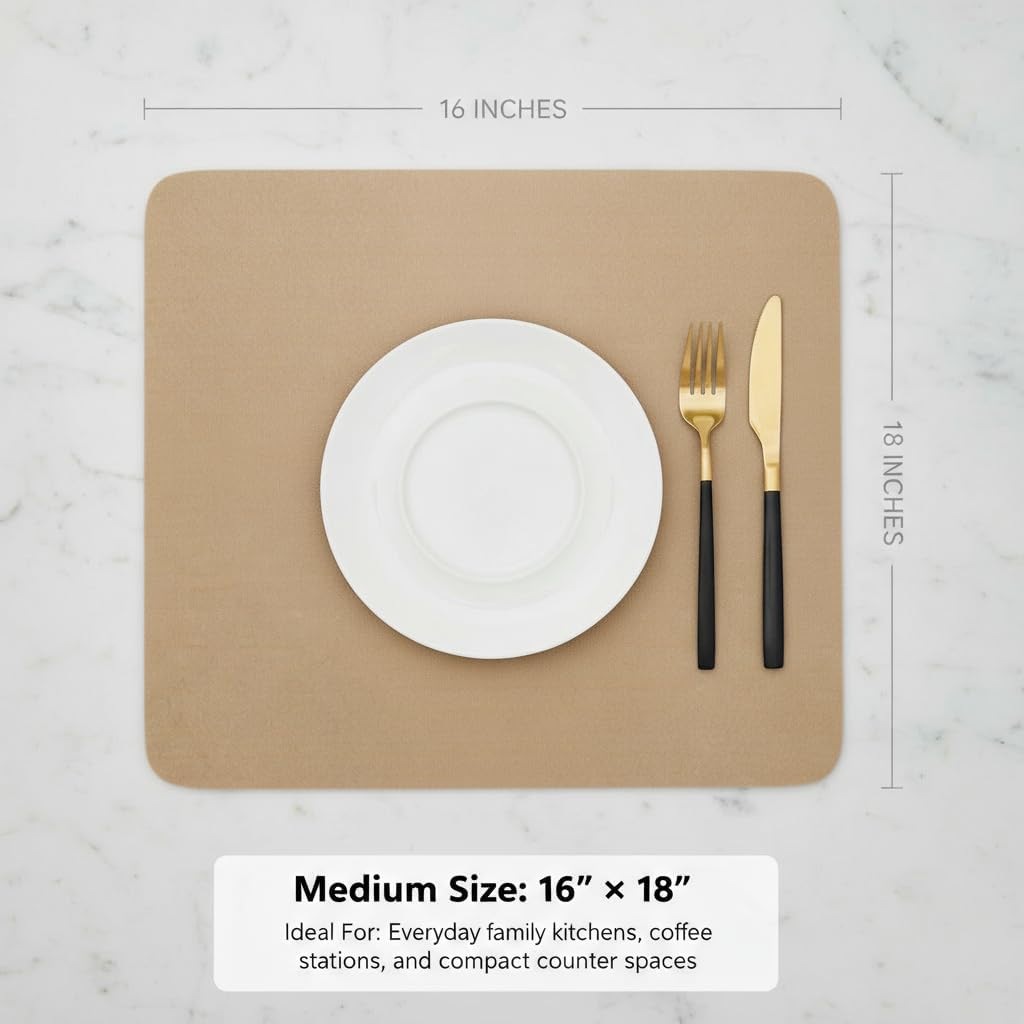 Dish Drying Mat Super Absorbent – 16" x 18" Coffee Mat for Countertops – Non-Slip Drying Mat for Kitchen Counter – Easy to Clean Water Absorbent Mat – Large Dish Drying Mats (Chowning's Tan)