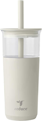 REDUCE Aspen 20 oz Vacuum Insulated Glass Tumbler with Lid & Extra Wide Straw - Keeps Drinks Cold for 12 Hrs - Ideal for Iced Coffee, Smoothies & Boba - Dishwasher Safe, Soft Base - Unbleached