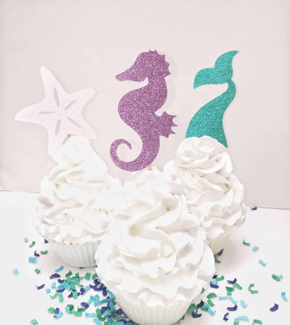 Partico 24 Pieces Mermaid Theme Glitter Cupcake Topper Cake Picks Decoration for Baby Shower Birthday Party Favors, Mermaid Tail, Seahorse and Starfish Food Picks