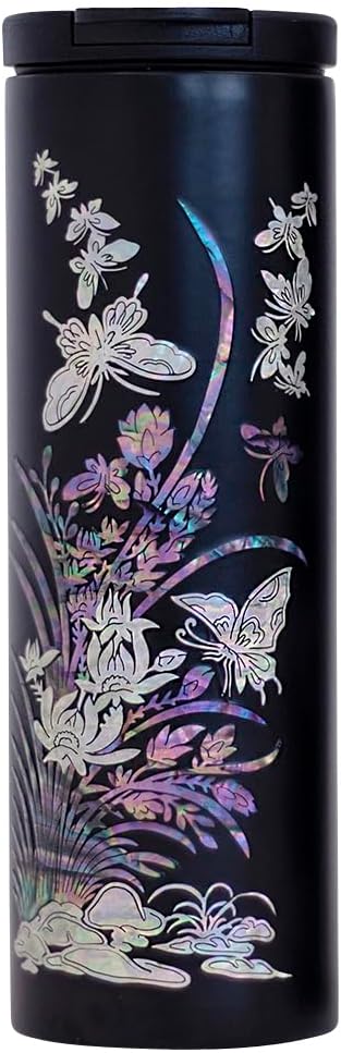 Mother of Pearl Design Stainless Steel Water Bottle 17 oz Leakproof Screw Cap Wide Mouth Double Wall Vacuum Insulated Travel Sport Water Flask Thermo Mug (Orchid Flower)