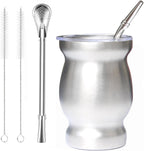 Beruth Bombilla Yerba Mate Gourd, 8oz Stainless Steel Tea Cup Set with Lid, Two Straws and Cleaning Brushes, Double Walled Coffee Mug Heat Insulation Anti Scalding （Bright Silver）