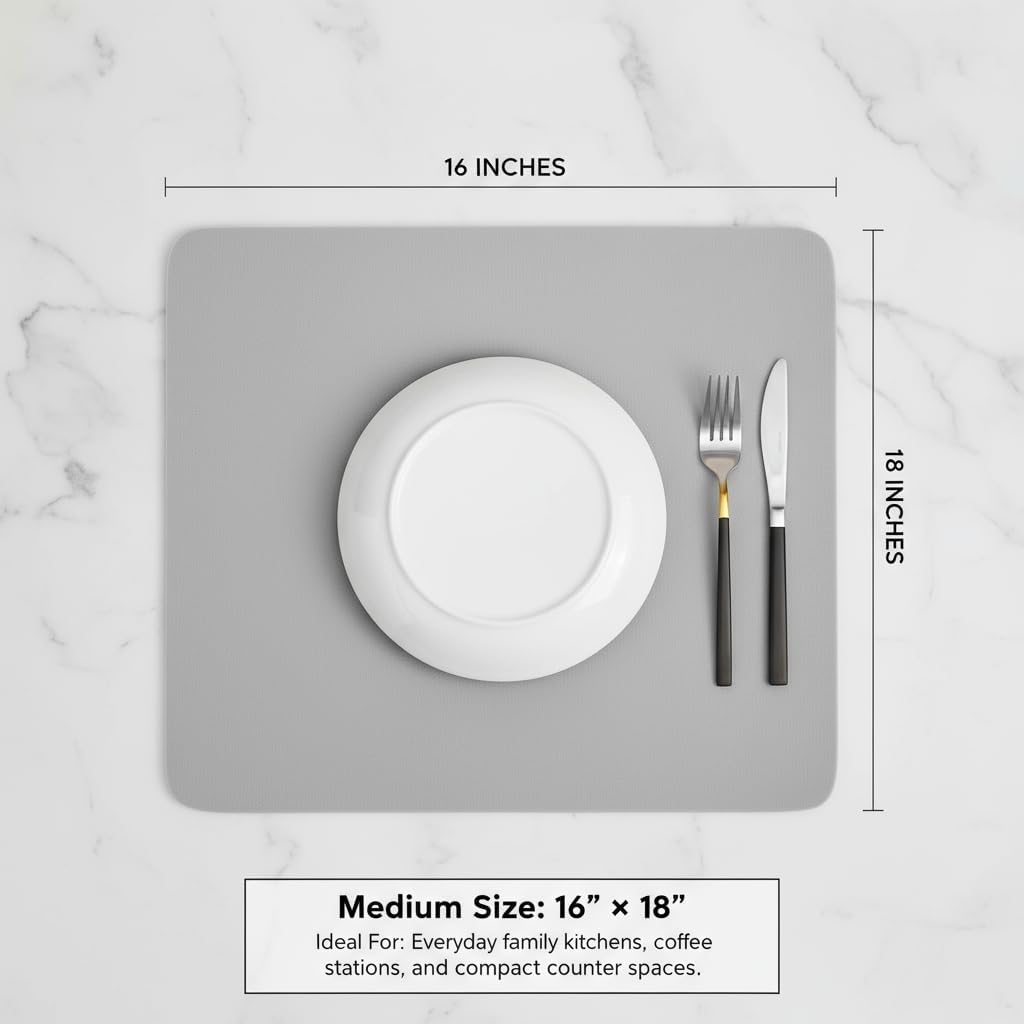 Dish Drying Mat Super Absorbent – 16" x 18" Coffee Mat for Countertops – Non-Slip Drying Mat for Kitchen Counter – Easy to Clean Water Absorbent Mat – Large Dish Drying Mats (Lite Gray)