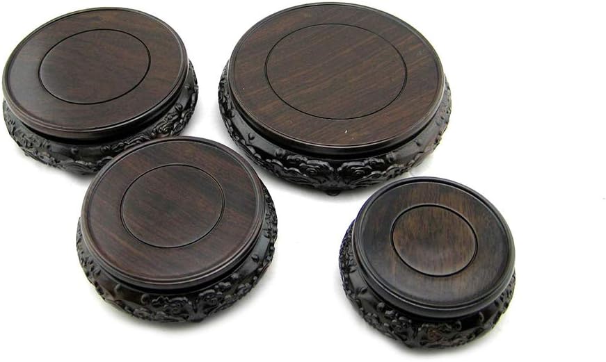 GOLDY&WENDY Oriental Luxury Round Bat Pattern Elm Solid Wood Vase Display Stands Pedestal Base 4.7 in Diameter