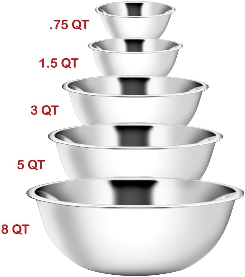 YBM HOME Stainless Steel Mixing Bowls (Set of 5) for Baking, Cooking, and Prepping, Includes 0.75, 1.5, 3, 5, 8 Quart, Stackable for Convenient Storage, 2532-2533-1174-75-76set