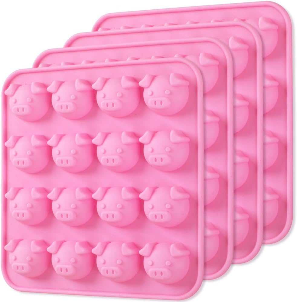 Newk Piggy Chocolate Silicone Mold, 4 Packs 16- Cavity Pig Face Emoticons Piglet Candy Molds for Jelly, Fondant, Hard Candy, Keto Fat Bombs, Resin