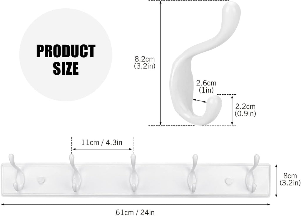 Wooden Coat Rack, Wall-Mounted Organizer for Closet, Entryway, Hallway, Foyer, Bedroom, Heavy Duty Double Hooks for Hanging Towels, Bags, Hats, Jackets, Key (White, 5 Hooks)