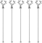 Swizzle Sticks,5 Pcs Stainless Steel Reusable Deer Head Shape Cocktail Stirrer Coffee Beverage Stir Sticks for Cocktail, Whiskey, Hot Cocoa, Creamer (Silver)
