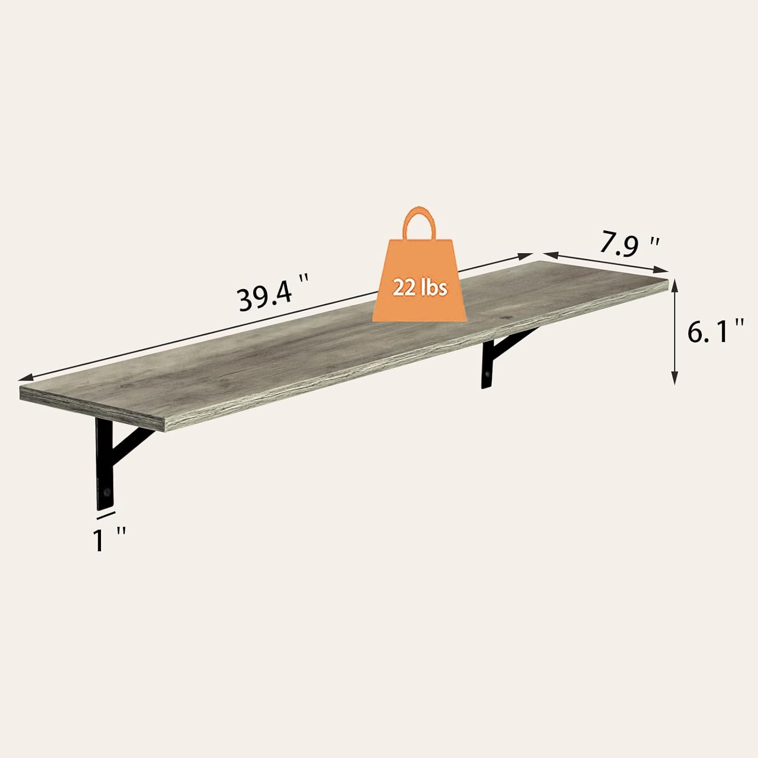 DINZI LVJ Long Wall Shelves, 39.4Inch Wall Mounted Shelves Set of 2, Easy-to-Install, Wall Storage Ledges with Sturdy Metal Brackets for Living Room, Bathroom, Bedroom, Kitchen, Grey Wash