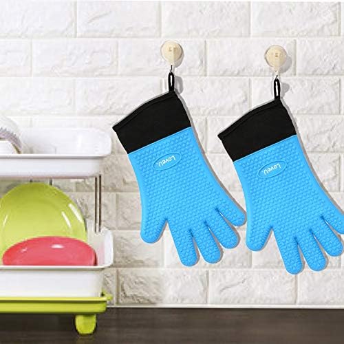 Kitchen Oven Gloves - Dual-Layer Heat Resistant Grilling Gloves, Silicone Oven Mitts with 5 Fingers, Waterproof Non-Slip Pot Holder for Barbecue, Cooking, Baking (Blue, Long)