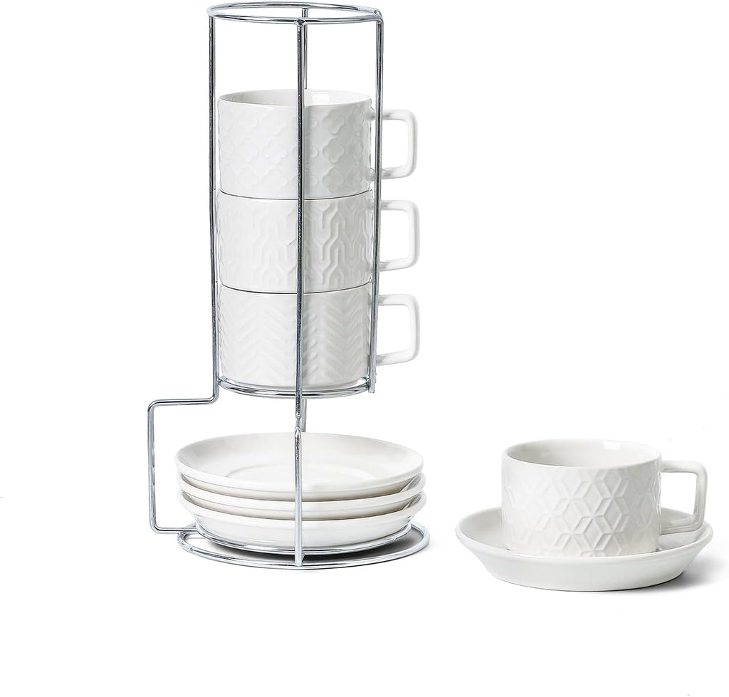 Sureasy Ceramic Espresso Cups Set of 4 – 4 oz White Embossed Cappuccino Cups with Saucers and Metal Stand, Stackable Mugs for Latte, Mocha, Tea, and Specialty Coffee