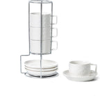 Sureasy Ceramic Espresso Cups Set of 4 – 4 oz White Embossed Cappuccino Cups with Saucers and Metal Stand, Stackable Mugs for Latte, Mocha, Tea, and Specialty Coffee