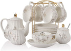 Porcelain Tea Sets British Royal Series, 8 OZ Cups & Saucer Service for 6, with Teapot Sugar Bowl Cream Pitcher Teaspoons and Tea Strainer, Suitable for High Tea, Wedding, Party（Morning glory）