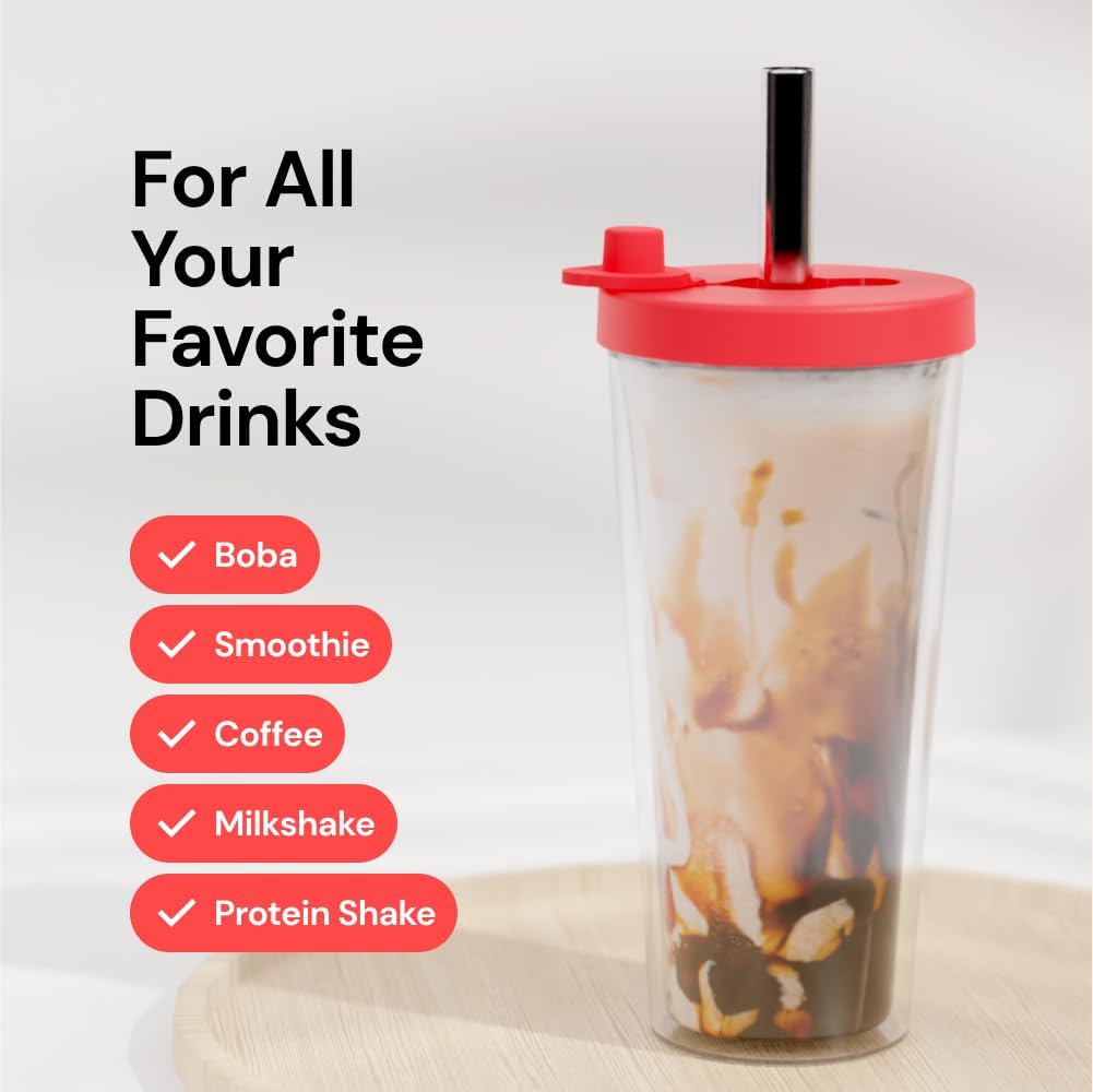 Dodoko Reusable Boba Cup and Straw Boba Tea Cup Bubble Tea Cup Reusable Iced Coffee Cup Cold Coffee Cup Smoothie Cup with Lid and Straw Smoothie Cup to go Smoothie Tumbler 17 oz - Hot Pink