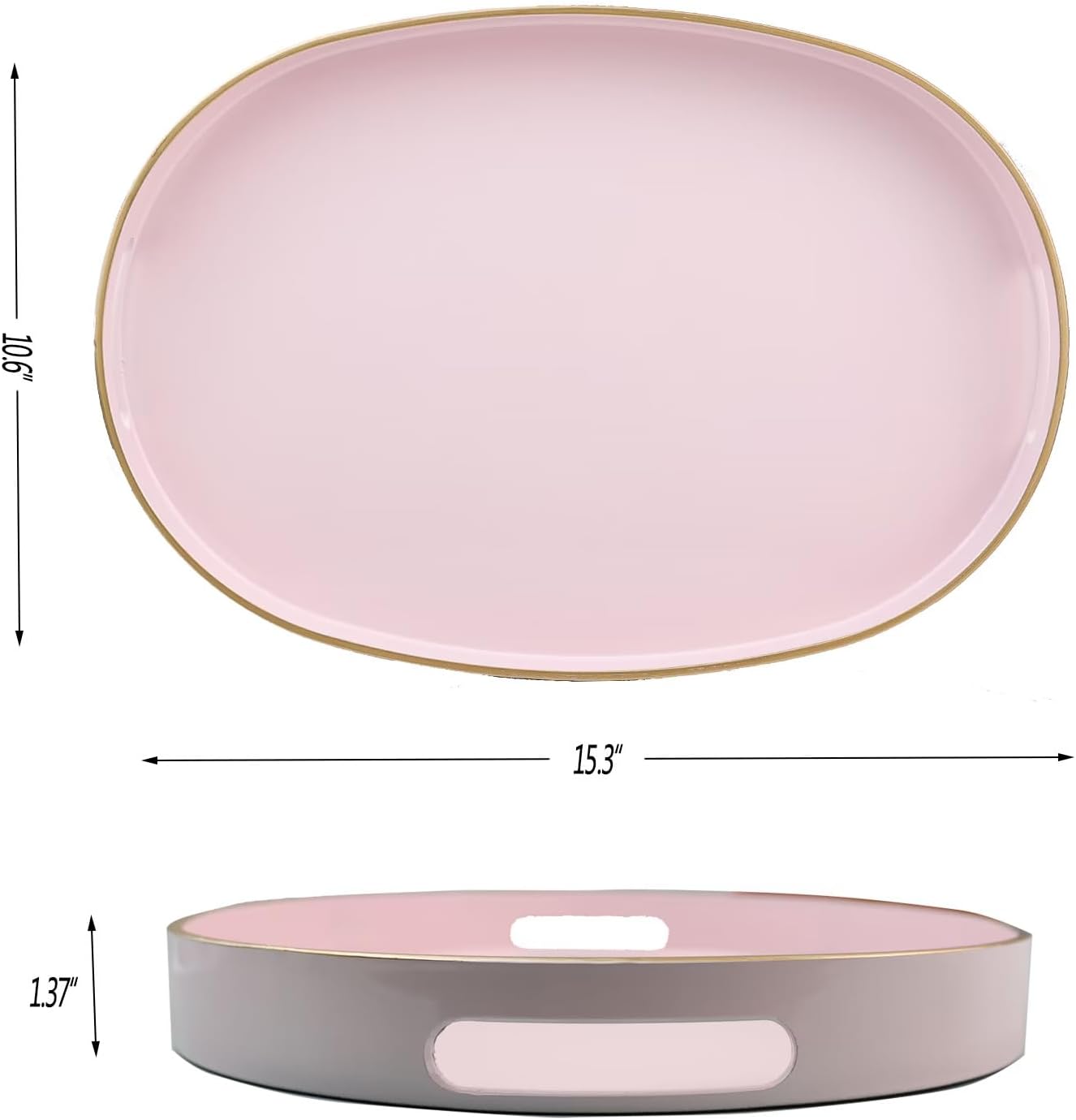 Pink Oval Decorative Tray with Handles, Versatile Serving Tray for Coffee Table, Ottoman, Ideal for Serving, Displaying, Organizing, 15.3"*10.6"*1.37"