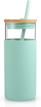 Tronco 20oz Glass Tumbler Glass Water Bottle Straw Silicone Protective Sleeve Bamboo Lid - BPA Free (Midnight Green/ 1 Pack)