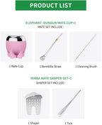 Premium Yerba Mate Cup 5 in 1 Set, Including Stainless Steel Gourd (Glitter Stars, Cute Elephant Style) Bombilla Straw, and Tea Shaper Set, 5.4oz, Gift for Women Drinking Coffee Tea Water (Pink)