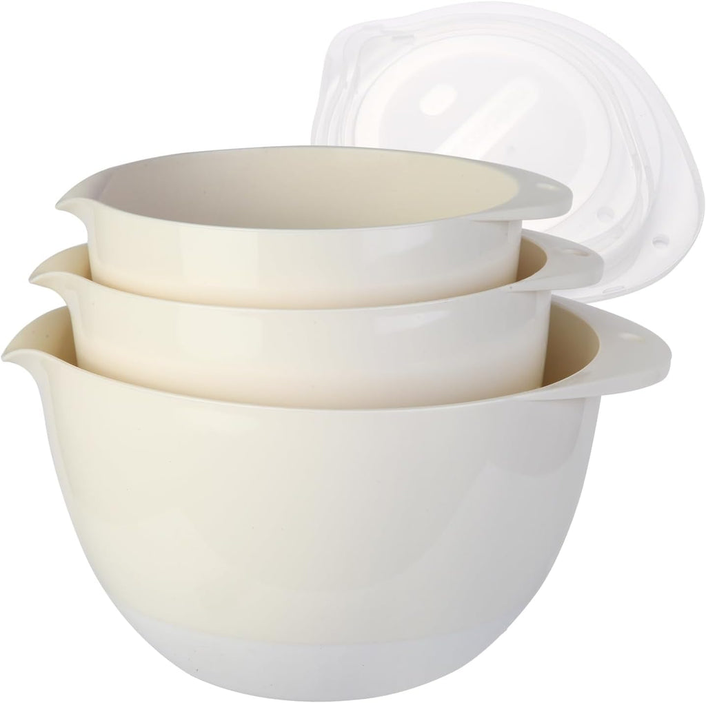3 Plastic Mixing Bowls with Pour Spout,Lids and TPR Non-Slip Bottom,3Qt,2Qt,1.5Qt,Nesting Bowl Set for Kitchen Prep,Baking,Storage,Batter,Small,BPA free,Dishwasher Safe,Easy to Grip,White