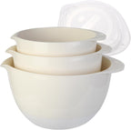 3 Plastic Mixing Bowls with Pour Spout,Lids and TPR Non-Slip Bottom,3Qt,2Qt,1.5Qt,Nesting Bowl Set for Kitchen Prep,Baking,Storage,Batter,Small,BPA free,Dishwasher Safe,Easy to Grip,White