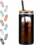Kodrine 20oz Glass Water Tumbler with Straw and Lid, Bamboo Lids Water Bottle, Iced Coffee Cup Reusable, Wide Mouth Smoothie Cups with Protective Silicone Sleeve BPA FREE-Black