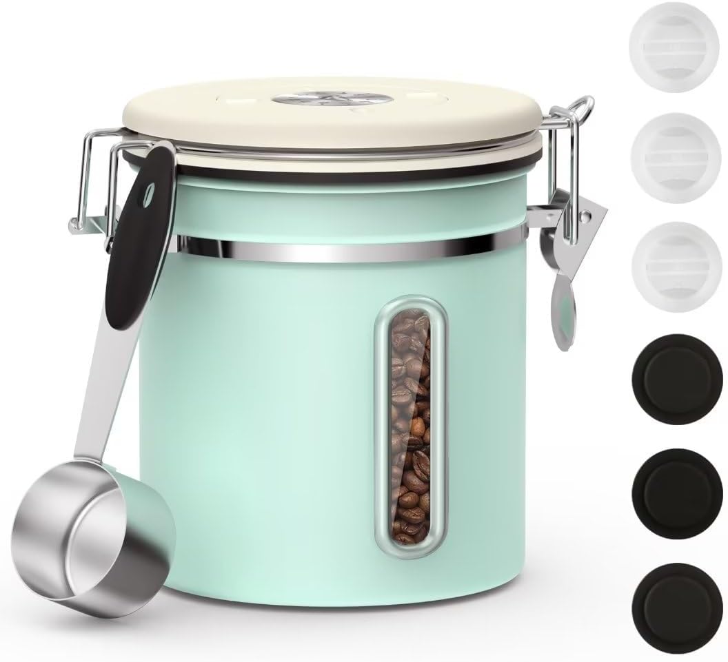 ShanSon Coffee Canister Airtight Coffee Container Stainless Steel Coffee Bean Storage Container with Scoop and See Through Window Coffee Canister for Beans Grounds Sugar Flour Tea Cereal,16OZ,Green