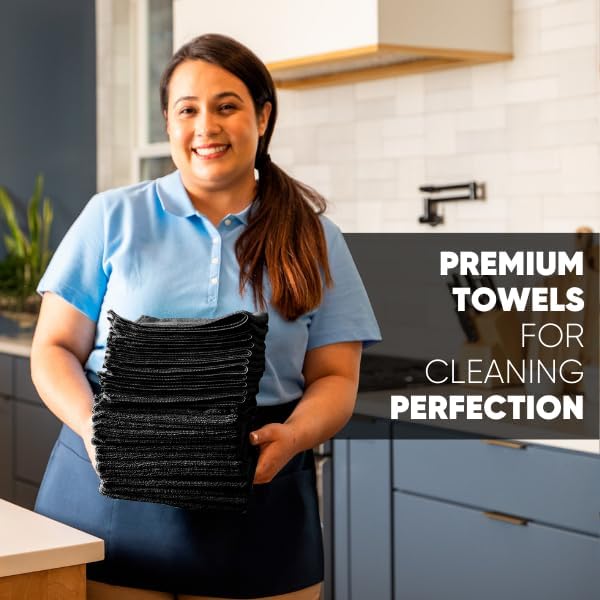 Microfiber Wholesale MW Pro Multi-Surface Microfiber Towel – 12 Pack | Premium Cleaning Cloth | Clean, Dust, Polish, Absorb | Large 16"x16" (Black)