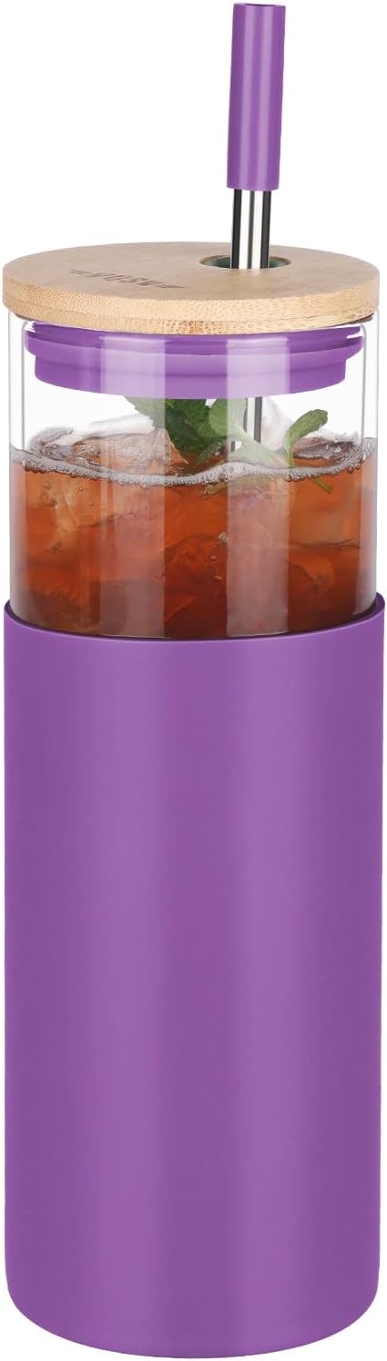 1Pack Glass Tumbler/Lid & Straw - 24oz Reusable Glass Mug w/Bamboo Lid & Stainless Steel Straw-BPA-Free Leak-Proof, Dishwasher Safe for Coffee, Smoothies, Hot Beverage, Travel, Office, Home Use