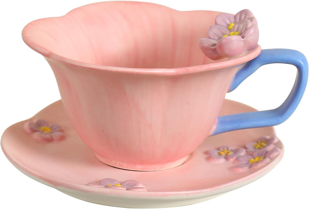 Floral Tea Cups and Saucers, Ceramic Cute Coffee Mug for Women Tea Party, Cappuccino Latte Milk (Pink)
