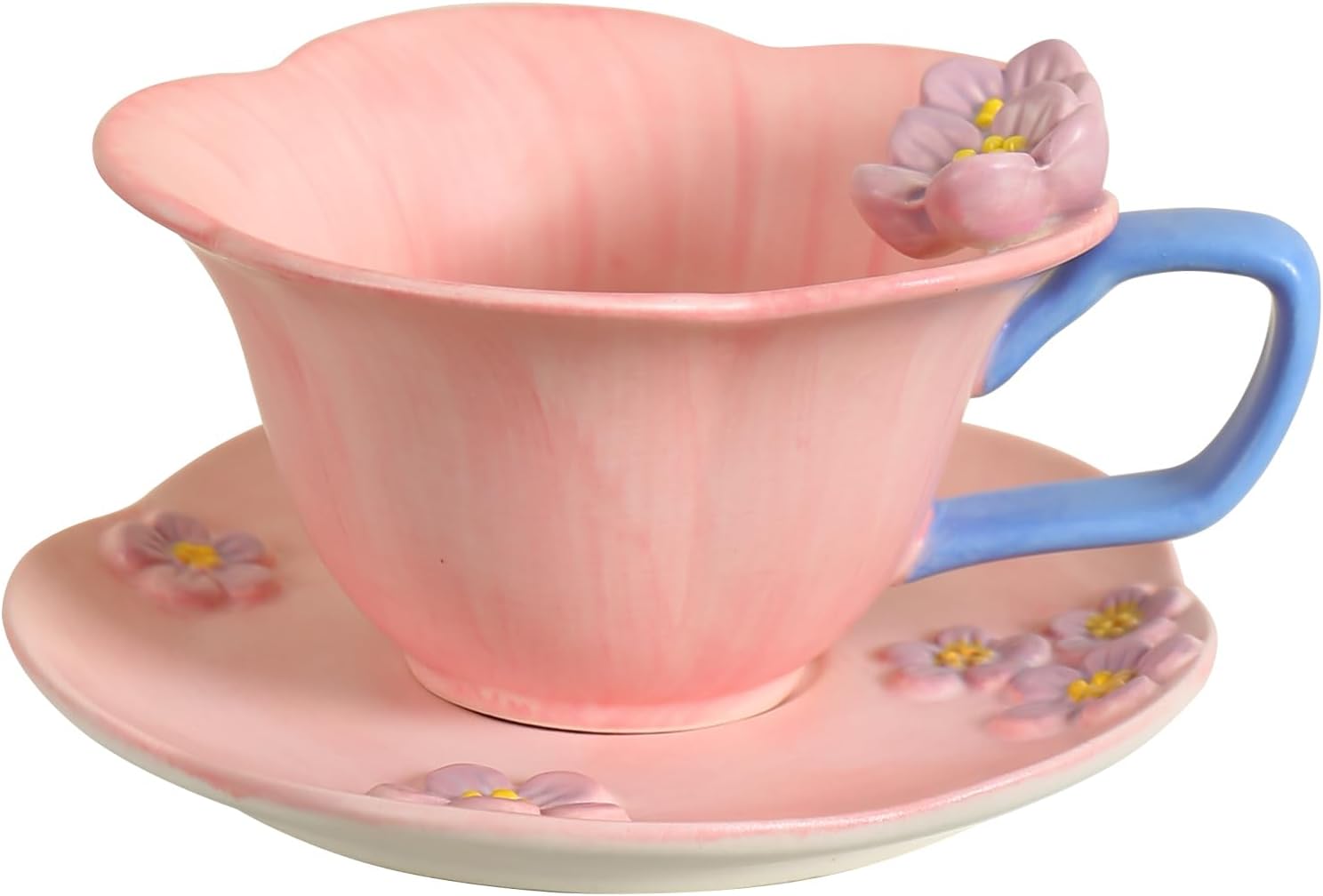 Floral Tea Cups and Saucers, Ceramic Cute Coffee Mug for Women Tea Party, Cappuccino Latte Milk (Pink)