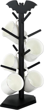 Bat Mug Holder Tree - 8 Hooks Coffee Mug Rack - Gothic Home Decor Wood Coffee Mug Tree for Countertop - Coffee Cup Holder for Halloween Kitchen Organizer & Coffee Bar Accessories, Black