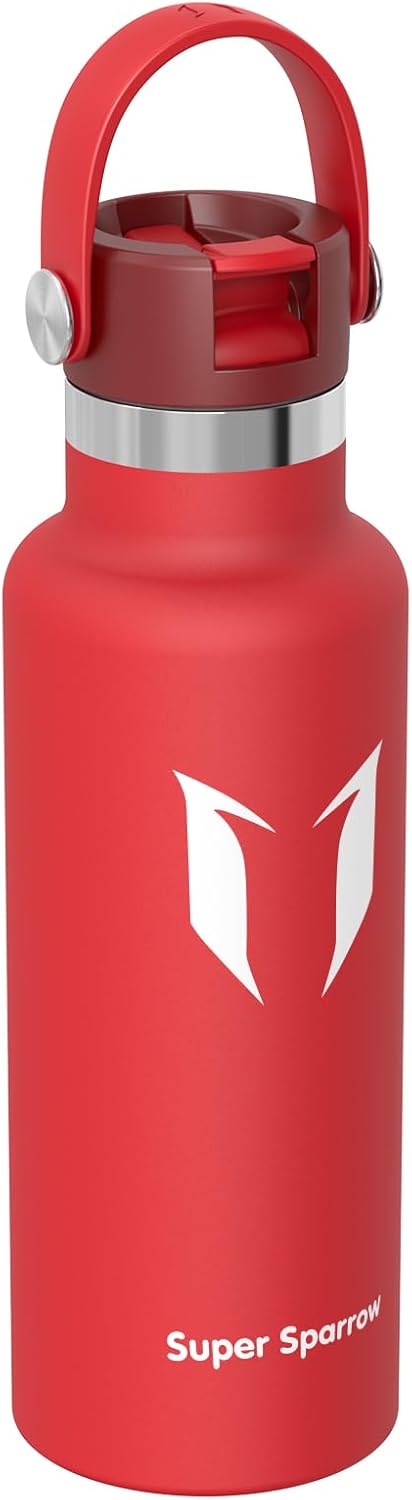 Super Sparrow Insulated Water Bottle - 17 Oz / 25 Oz / 32 Oz - Standard Mouth FlipFlow Flask - BPA Free, Leak Proof Drink Bottle- Ergonomic Straw Water Bottles for Work, Gym, Travel, Sports