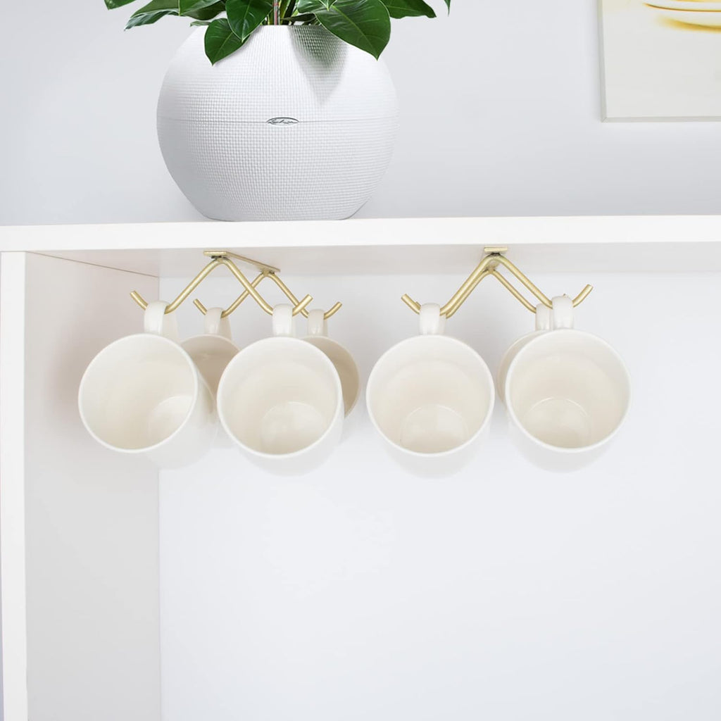 Cabinet Hook Mug Holder - Hanging Coffee Cup Rack for Kitchen, Under Cabinets Metal Hangers Organizer Shelf Storage Utensil (Gold)