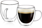 OJA Espresso Cups Set of 2, Hand Blown 5OZ Double Wall Glass Mugs with Handle Perfect for Cappuccino, Latte, Tea, Clear Glass Espresso Shot Cups Suitable for Coffee Machine