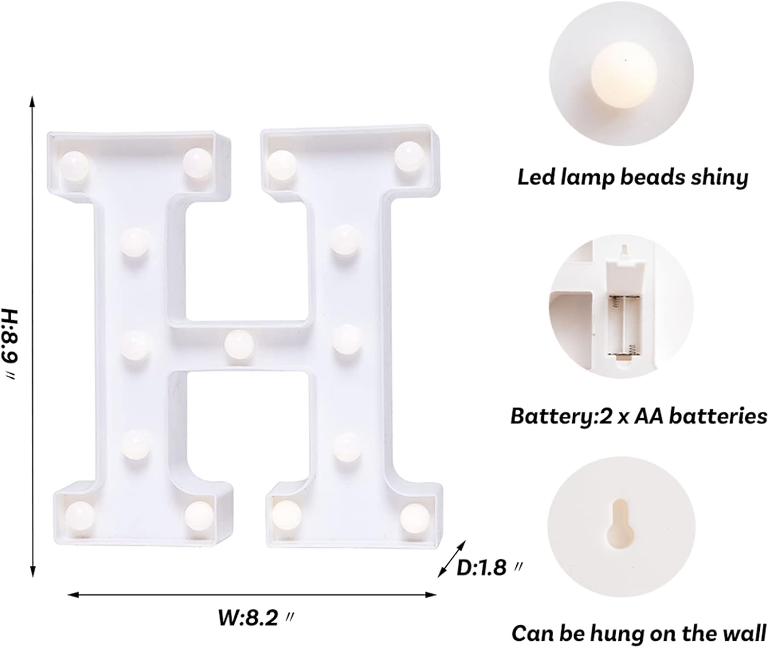 Foaky LED Letter Lights Sign Marquee Light Up Letters Sign for Night Light Wedding/Birthday Party Battery Powered Christmas Lamp Home Bar Decoration(H)