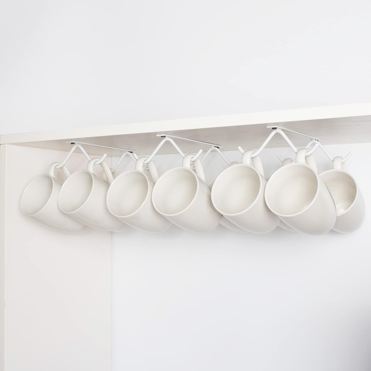 Cabinet Hook Mug Holder - Hanging Coffee Cup Rack for Kitchen, Under Cabinets Metal Hangers Organizer Shelf Storage Utensil (White)