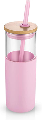 Tronco 24 oz Glass Tumbler with Straw and Lid - Glass Cup with Lid and Straw, Smoothie Cup, Iced Coffee Cup - Bamboo Lid and Protective Silicone Sleeve - BPA-Free