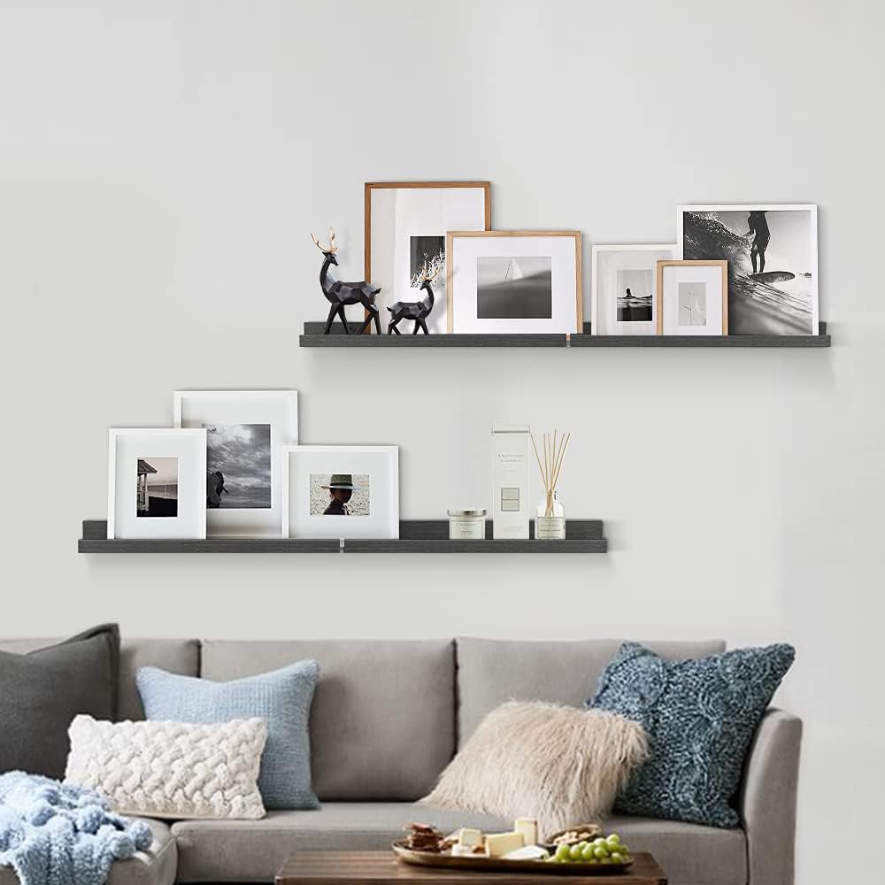 Forbena 24 Inch Long Picture Ledge Shelf Set of 4, Black Wood Floating Shelves with Lip for Wall, Rustic Display Shelves for Living Room Bedroom Bathroom Office Photo Frames Plants Books Art Decor