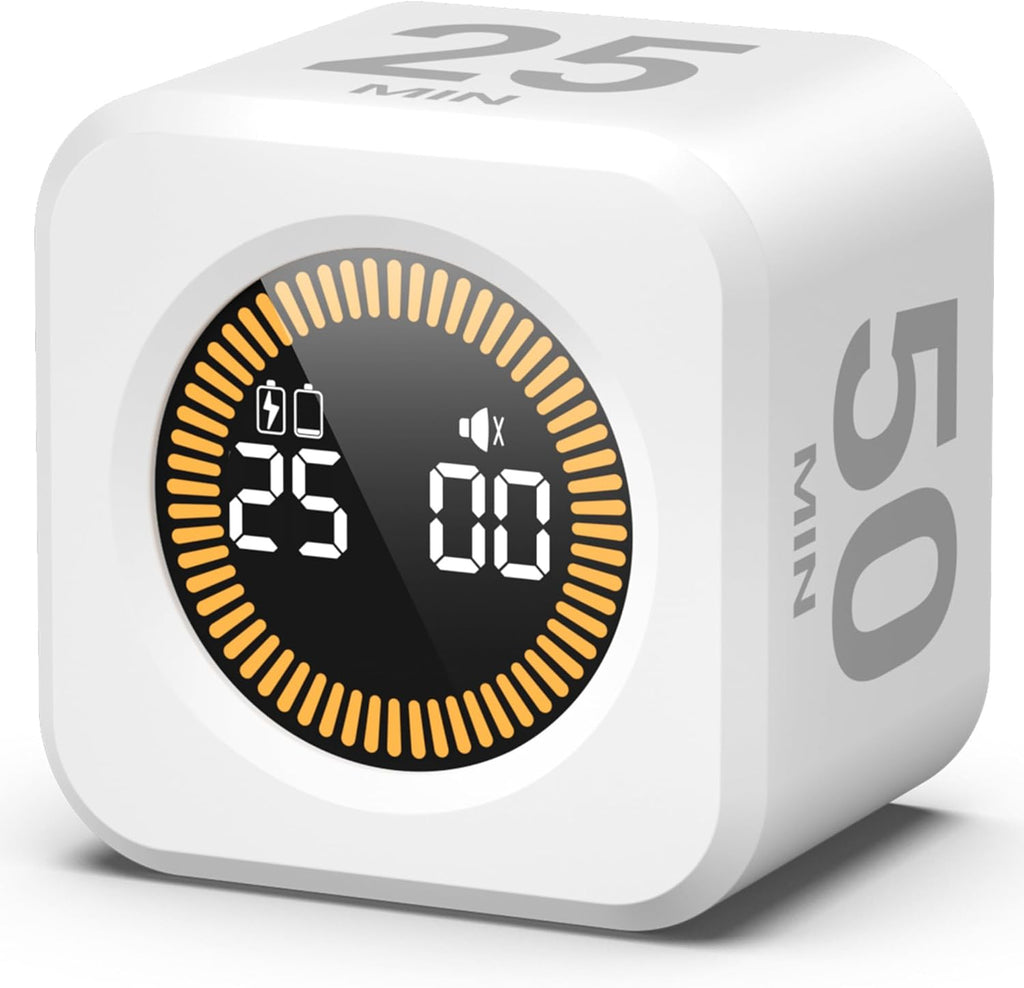 KADAMS Pomodoro Cube Timer Productivity Visual Timer - 5/10/25/50 Min Rotating Countdown, Customize Countup Silent Mode- for Work Study Cook Workout Kitchen Back to School Classroom (White)