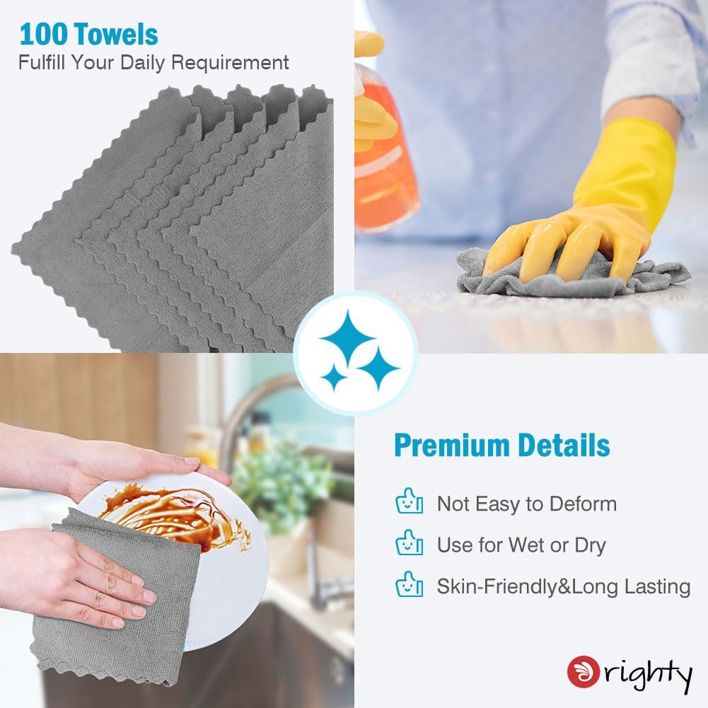 Orighty Grey Microfiber Cleaning Cloth, 100 Pack Highly Absorbent Cleaning Supplies, Lint Free Kitchen Towels Cleaning Rags, Microfiber Towels for Cars, House, Window, 12x12 inch