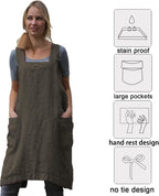ZQFFB Pinafore Cross Back Apron for Women with Pockets Japanese Smock for Work Gardening Cooking Painting Baking