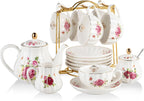 Porcelain Tea Sets British Royal Series, 8 OZ Cups & Saucer Service for 6, with Teapot Sugar Bowl Cream Pitcher Teaspoons and Tea Strainer, Suitable for High Tea, Wedding, Party (Midsummer Rose)