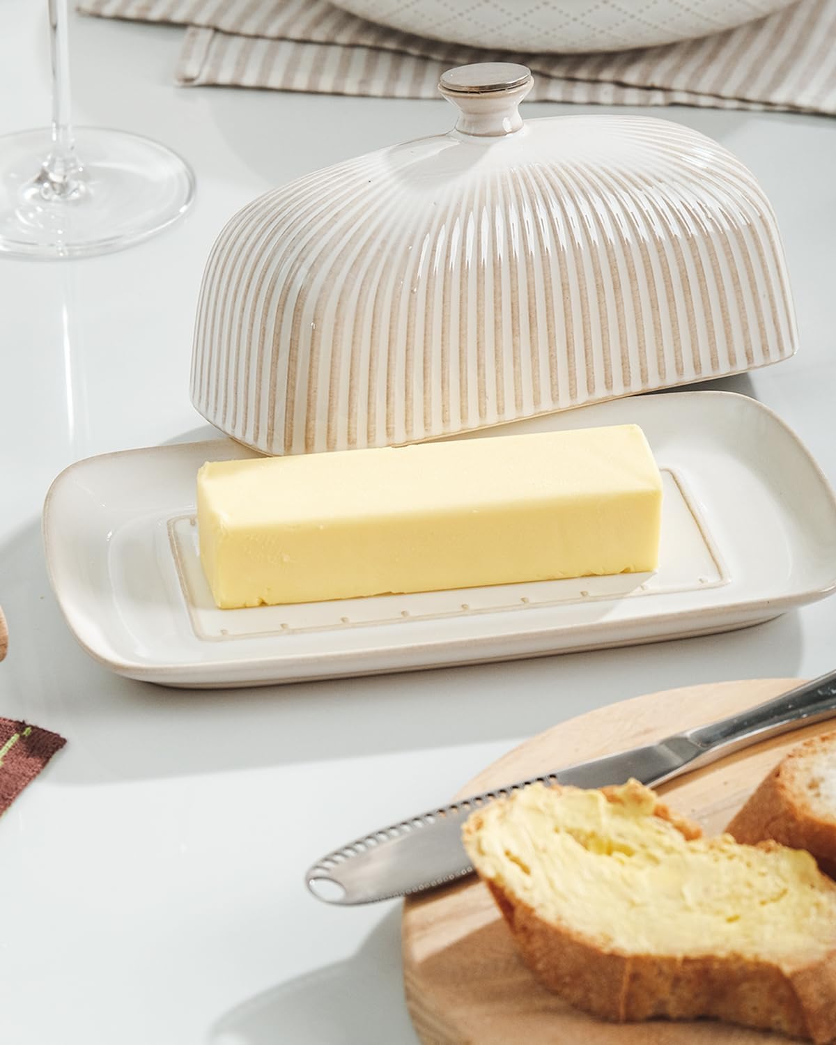 Getstar Ceramic Butter Dish with Lid and Stainless Steel Knife for Countertop, with Magnet to Attract Knife, Fit both West East Coast Butter