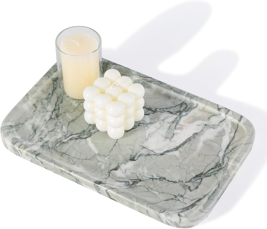 Vanity Tray, Marble Bathroom Tray Countertop, Decorative Dresser Organizer, Green Stone for Perfume Jewelry Holder Storage for Kitchen Sink(Light Green)