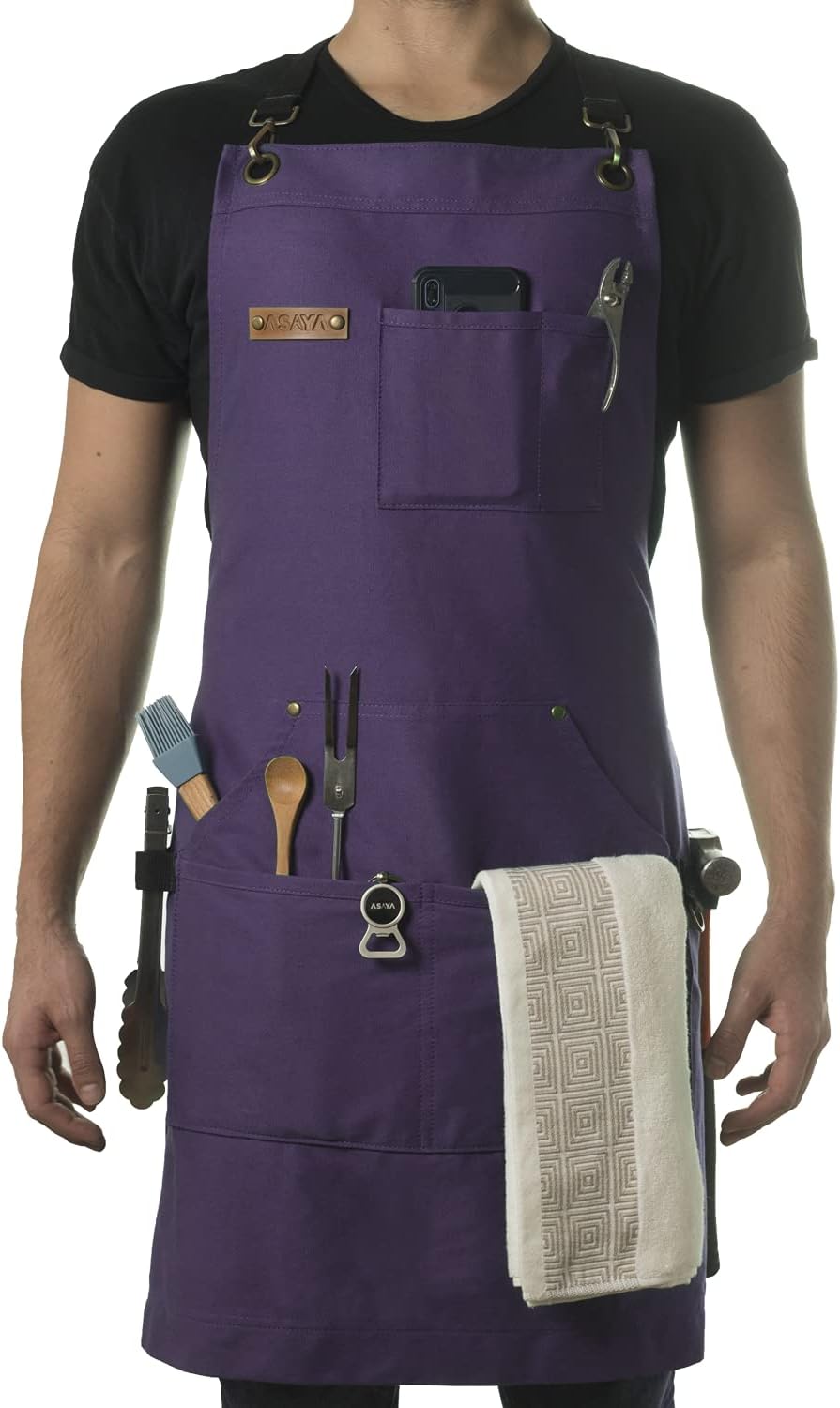 Asaya Chef and BBQ Apron with Bottle Opener and Hand Towel - 10oz Cotton Canvas, Stainless Steel Hardware - Cross Back Straps