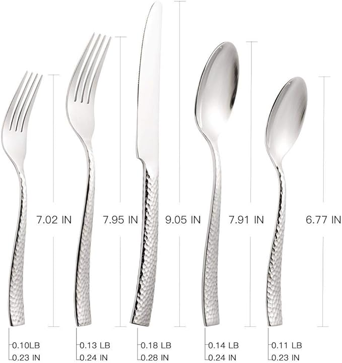 Silverware Set Flatware Set Hammered Pattern Stainless Steel Cutlery Set Silver Mirror Polished 40 Pieces Service for 8