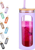 Kodrine 20oz Glass Water Tumbler with Straw and Lid, Bamboo Lids Water Bottle, Iced Coffee Cup Reusable, Wide Mouth Smoothie Cups with Protective Silicone Sleeve BPA FREE-Purple