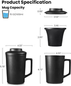 15 OZ Porcelain Tea Infuser Cup with Lid,Ceramic Tea Mug with All-Porcelain Strainers for Loose Leaf Teas,Microwave and Dishwasher Safe Coffee Mug,Metal-Free,BPA-Free,Gifts for Tea-Lover (Black)