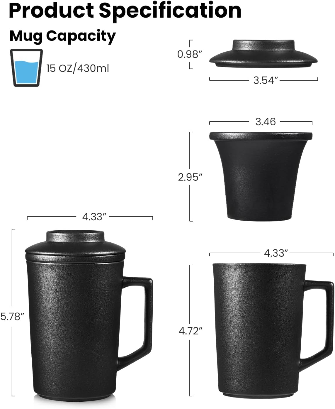 15 OZ Porcelain Tea Infuser Cup with Lid,Ceramic Tea Mug with All-Porcelain Strainers for Loose Leaf Teas,Microwave and Dishwasher Safe Coffee Mug,Metal-Free,BPA-Free,Gifts for Tea-Lover (Black)